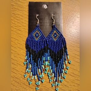 Tribal Gold, Blue and Black Beaded Fringe Earrings